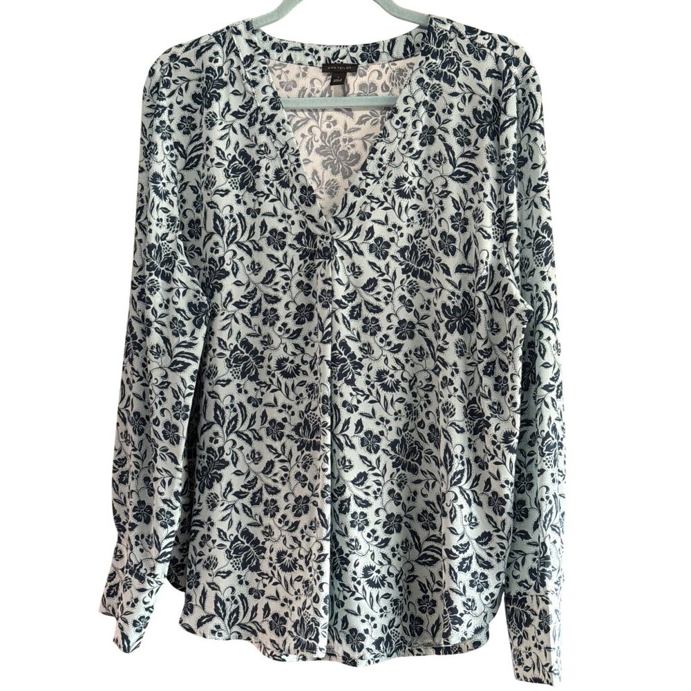 Ann Taylor Womens Floral Long Sleeve V-Neck Blouse Size L